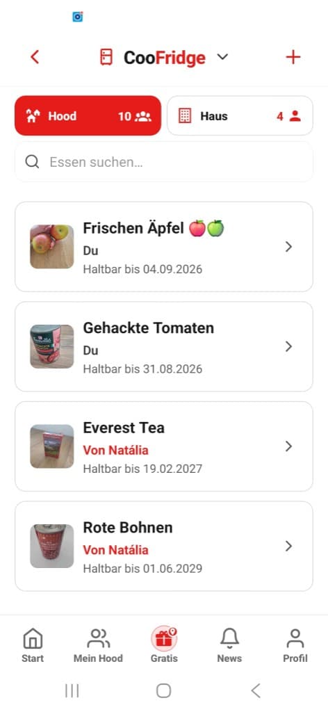 CooFridge in der CooHood App: geteilte Lebensmittel im Hood und im Haus