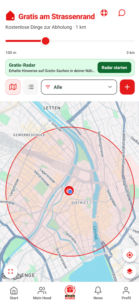 CooHood App mit Karte und Suchradius für Gratis-Gegenstände in der Nähe