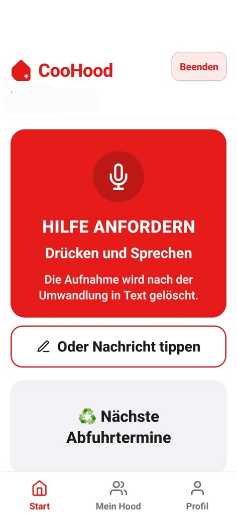 Seniorenansicht der CooHood App mit grosser Taste zum Hilfe anfordern per Sprachnachricht und Erinnerung an die nächsten Abfuhrtermine