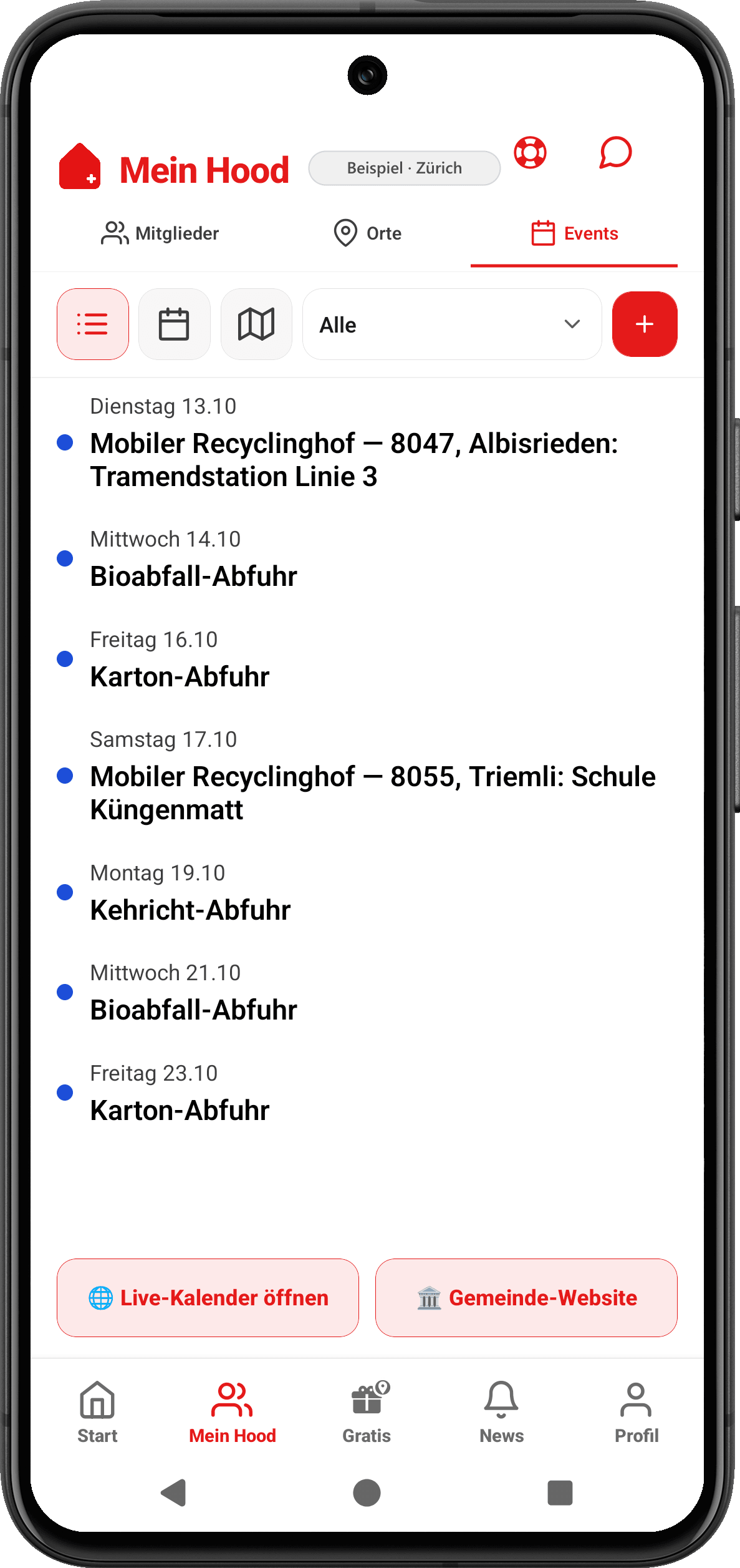CooHood App: Events mit Abfuhrterminen und Recyclinghof als Beispiel für Zürich, mit Live-Kalender und Gemeinde-Website