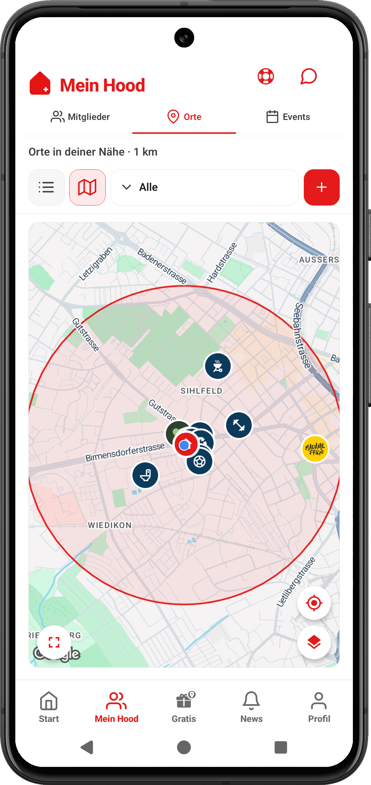 CooHood App: Karte der Orte im Umkreis von einem Kilometer um Sihlfeld und Wiedikon