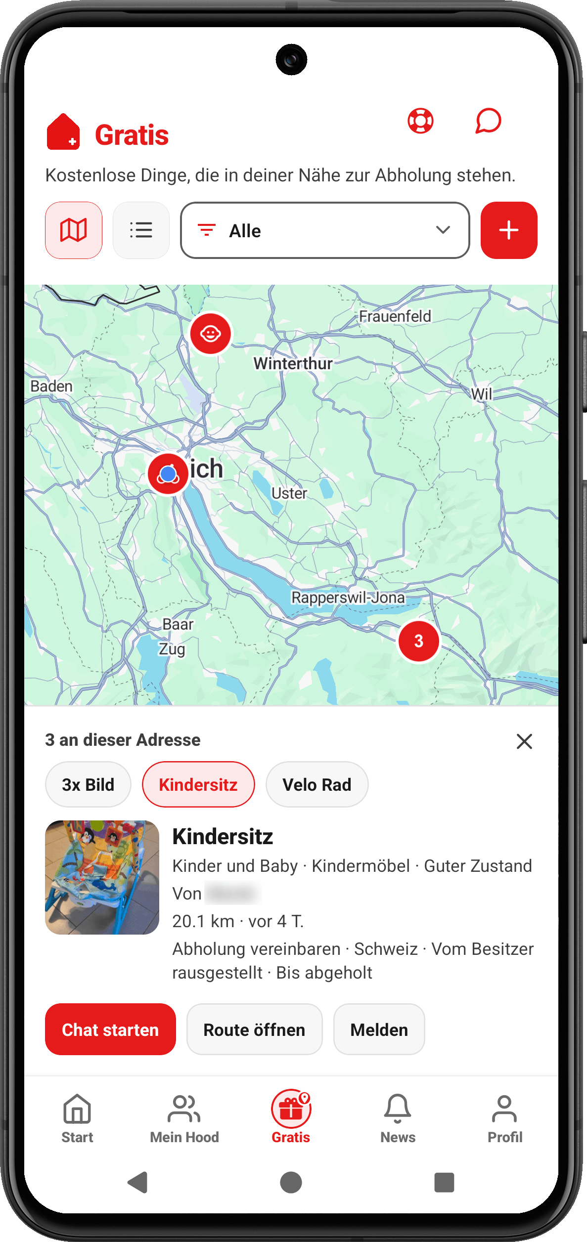 CooHood App: Gratiskarte der Schweiz mit dem Inserat Kindersitz, der Name ist unkenntlich