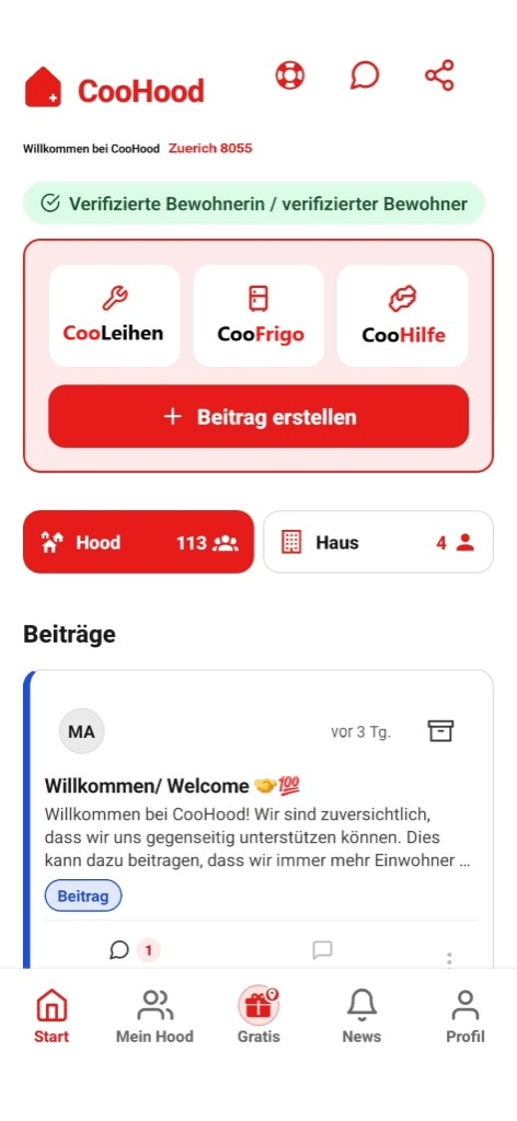 CooHood App: Startseite mit bestätigter Wohnadresse, den Bereichen CooLeihen, CooFrigo und CooHilfe, der Schaltfläche für einen neuen Beitrag und den Beiträgen aus dem Hood